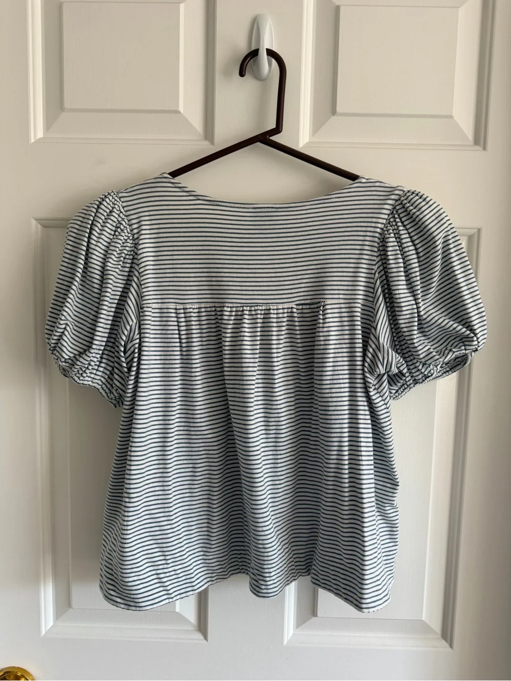 Maeve Striped Lace-Trim Puff Sleeve Top - Blue & White